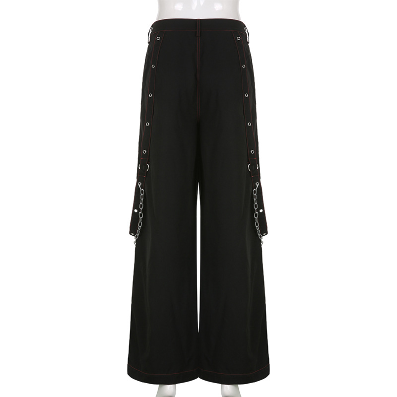 2024 Women Bandage Metal Chain Hip Hop Wide Leg Trousers