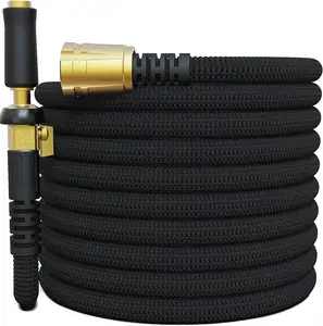 Solid Brass Fittings and Double Latex Core Lightweight Garden Hose Black Kink Free Flexible Garden Hose with Nozzle