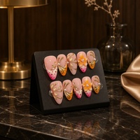 Kuku Palsu 3D Bunga Mutiara Emas Pink Oranye Lukisan Tangan Grosir untuk Salon Kecantikan