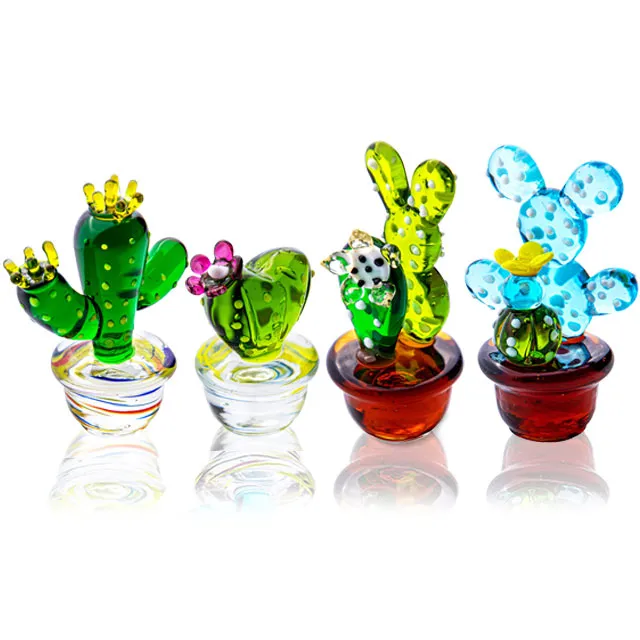 Bureau à domicile Bureau Table Simulation Plantes Décorations Mignon Cristal Miniature Cactus Figurines 4 PCS À La Main En Verre Soufflé Art C