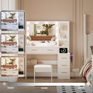 SENYU En gros Coiffeuse de style rustique en panneau de chêne blanc avec 5 tiroirs, station de charge, miroir éclairé et rangement - Product Image 4