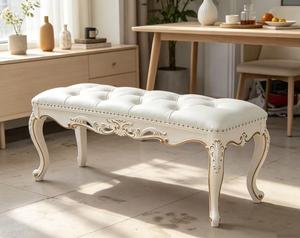 Luxury White Tufted Wood <b>Bed</b> Bench French Rococo Carved <b>End</b> of <b>Bed</b> Bench with Gold Trim Multi-Purpose Bedroom Furniture - Product Image 2