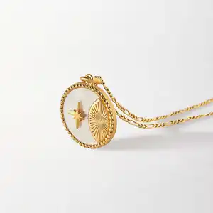 Cuban Chain Vintage Round Inlaid Shell Moon Necklace For Woman Bohemian Gold Plated Conch Sun Star Pendant Necklace Jewelry
