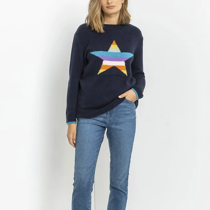 HDRM22050 Pop Colour Classic Shape Ladies Midnight Blue Stripe Star Print Jumper Sweater Made From Hand Feel Soft Yarn Material