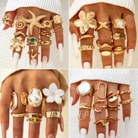 Breites C-förmiges offenes Ringset mit Spiralmuster, hohl, vergoldet, Damenschmuck im Vintage-Stil, Legierung mit natürlichem Zirkonstein, Großhandel