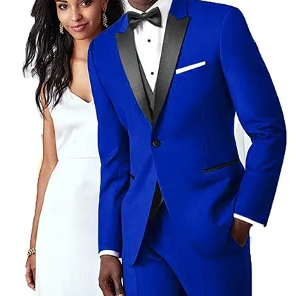 Royal Blue Groomsmen One Button Tuxedos Groom Black Peaked Lapel Men Suits Wedding Best Man Blazer (Jacket + Pants + Vest + Tie)