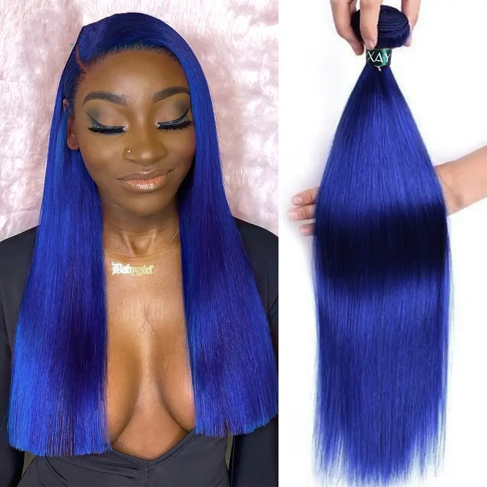 Pre-Colored 2 Tone Blue Brazilian Hair Weave Bundles Straight Ombre 3 Bundles T1B/Blue Dark Roots Human Hair Extensions Remy