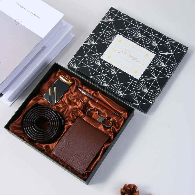 Ensemble curry 6 pièces-portefeuille boucle automatique-ceinture-clé-sac-stylo-coffret cadeau