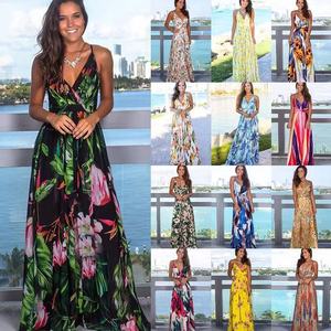 2023 multicolore tropicale <span class=keywords><strong>Jungle</strong></span> Leaf Boho abito lungo con spalline Cross Back da donna con scollo a V da sera eleganti Sexy Maxi abiti estivi - Product Image 1