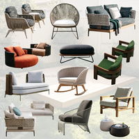 Ensemble de salon de jardin en rotin avec table basse, dossier incurvé tressé et pieds en bois de teck pour terrasse, villa, jardin, hôtellerie, patio