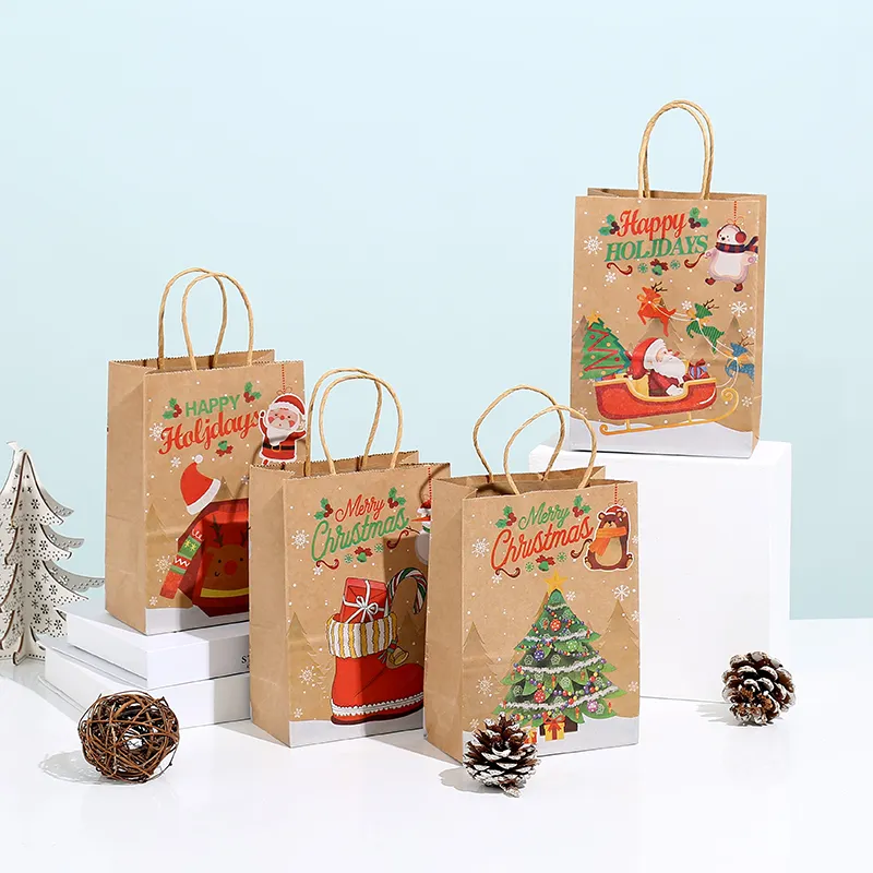 STOCK 21*15*8cm Kraft Paper Gift Bags Snowflakes Merry Christmas Candy Cookie Packaging Bag Boxes New Year Party Kids Favors