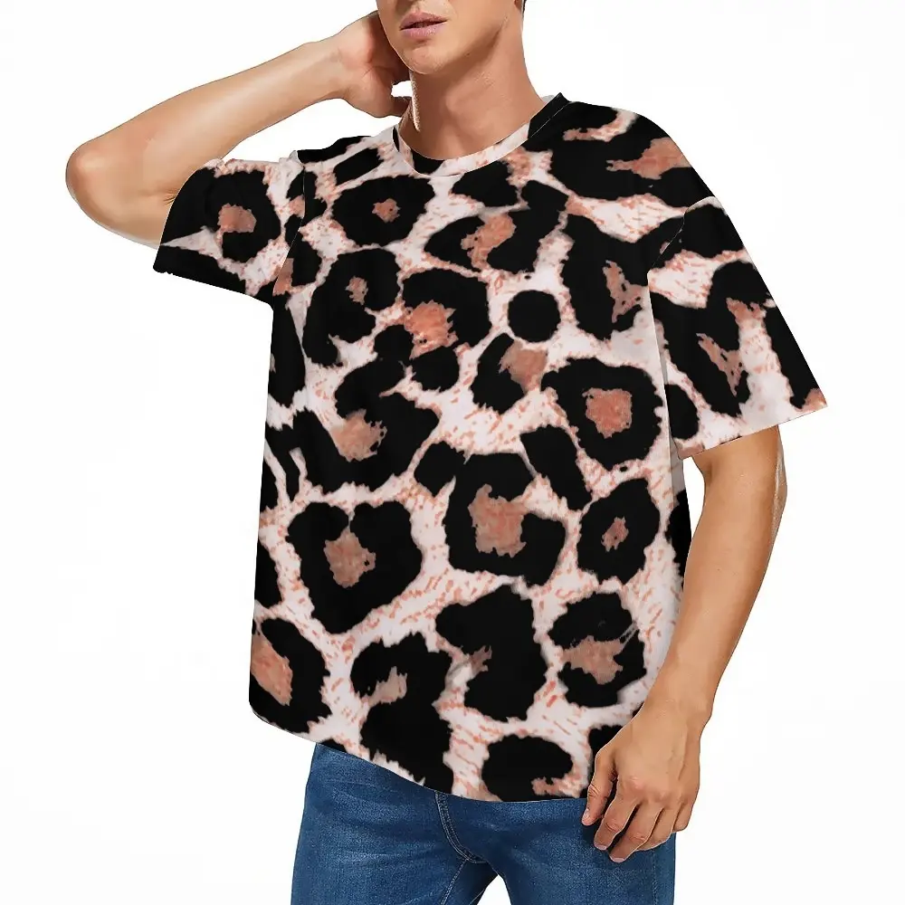 Camiseta masculina de tamanho grande estampada personalizada de alta qualidade com estampa de leopardo animal clássico de arte pioneira de moda de rua