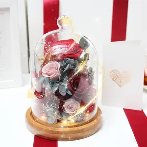 BLH China factory supplier clear preserved rose flower glass dome bell jar cloche ornament with wooden base in gift box