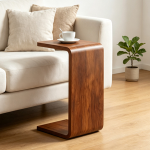 Table d'appoint en bois de noyer en forme de C, table basse incurvée à glisser sous le canapé, table à collation pour bras de canapé, idéale pour les petits espaces, chambre et salon - Product Image 1