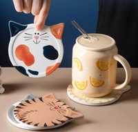Sous-verre rond en bois et liège personnalisé, en céramique, en forme de chat de dessin animé mignon et créatif, pour la décoration de table à la maison