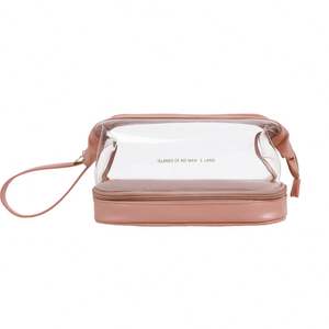 Double Layer PU Leather <b>Travel</b> <b>Bag</b> With Transparent PVC <b>Clear</b> Makeup <b>Bag</b> Large Capacity Zipper Closure Logo Pattern - Product Image 2