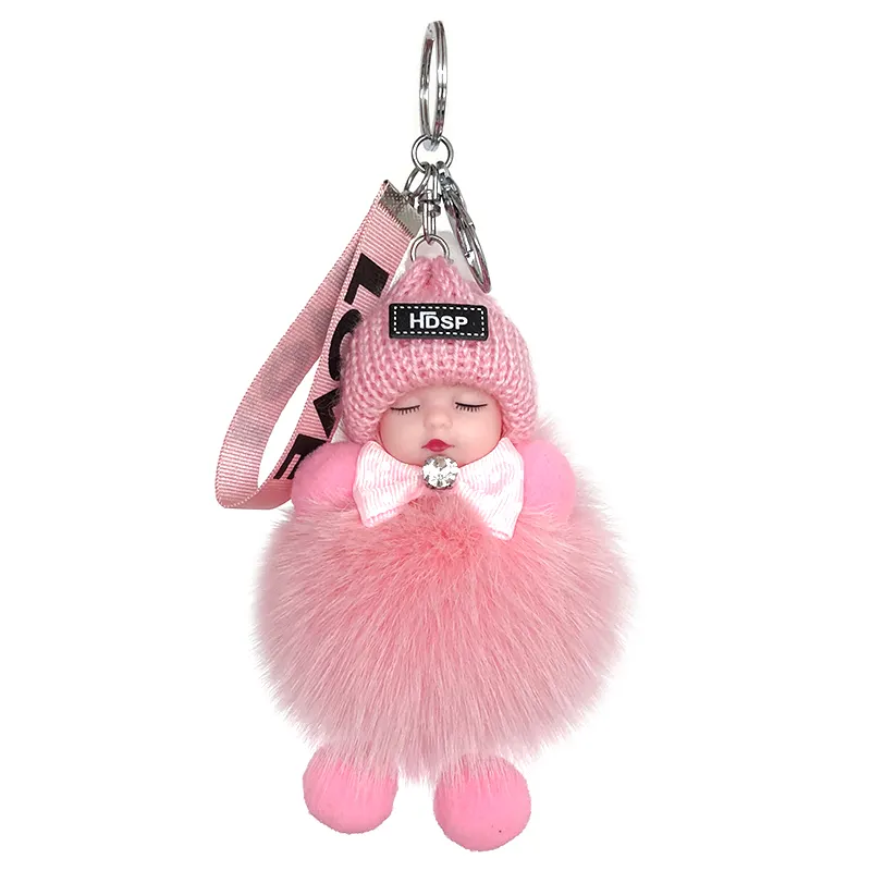 New Sleeping Baby Keychain Fur Pom Pom Key Chain Women Trinket Car Key Ring Keychain Jewelry Gift Fluffy Keychain On Bag