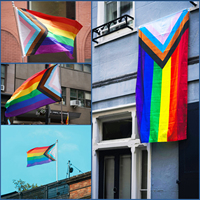 Drapeau de la fierté LGBTQ avec couleurs arc-en-ciel inclusives et transgenres, durable pour une utilisation en extérieur, pour l'égalité et la diversité, fabrication sur mesure
