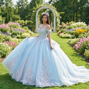 Vestido de Novia con Lentejuelas y Cuentas Azul Claro Dy6946, Vestido de Fiesta con Apliques de Encaje Exquisitos para Novia - Product Image 1