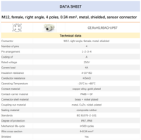 Connecteur Métallique M12 à Angle Droit 4 Broches/5 Broches avec Connexion à Sertir, Contact Mâle/Femelle en Cuivre/Laiton, Vente en Gros