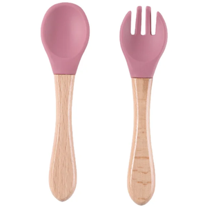 2pcs <b>Set</b> Custom BPA-Free Food Grade Toddler's Dining <b>Set</b>-Soft Silicone Tip Spoon & Fork with Wooden Handle for Baby Feeding - Product Image 1