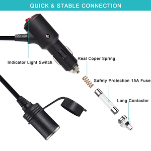 Industrial Use Modern Battery Car Cigarette Lighter Plug Male Female <b>Extension</b> Cord 10A Rated ON/OFF Switch Voltage Monitoring - Product Image 2