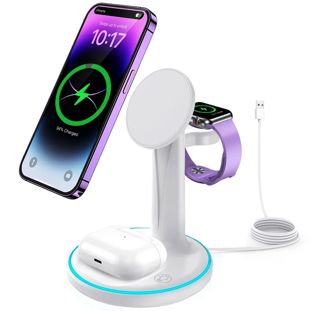 3 in 1 Wireless Charger Station Fast Charge 15W Magnetic Wireless Charger Dock With Stable Heavy Duty Base & Breathing Light