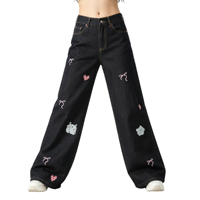Jean en denim délavé style mignon pour femme, coupe large, taille haute, broderie ours, cœur et nœud, effet délavé
