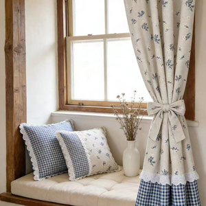 Custom French Country <strong>Curtains</strong> Blue <strong>Gingham</strong> Patchwork Floral Print Linen Drapes Vintage Lace Trim for Kitchen Bedroom - Product Image 4