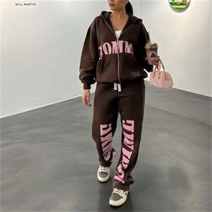 Conjunto de Jogger con capucha estampada personalizada para mujer, recién llegado, trajes de 2 piezas de gran tamaño con cremallera para invierno y otoño, tela de punto informal - Product Image 3
