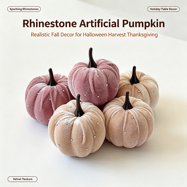 Shiny Rhinestone Fake Pumpkin Ornament, Fabric Faux Pumpkin, Autumn Harvest Thanksgiving Halloween Home Table Decor