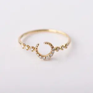 1 ग्राम Pawnable ठोस सोने 18k अंगूठी असली प्राकृतिक हीरा चाँद डिजाइन पीले सोने के गहने उपहार जन्मदिन लड़कियों के लिए वेलेंटाइन उपहार