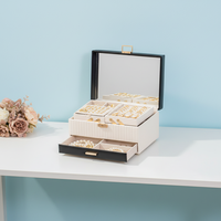 Boîte de rangement miroir rectangulaire en cuir PU, style européen-américain, grande capacité, multi-niveaux, boîte à bijoux haut de gamme avec tiroir Kiss