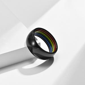 Unisex Rainbow Striped Titanium Steel <b>Ring</b> Gold Finish Daily Wear Fashion Jewelry - Product Image 4