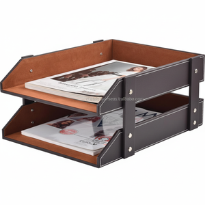 Organizador de escritorio de cuero de 2 niveles, bandeja de letras apilable, soporte para oficina, cocina, sala de estar, vajilla, caja de almacenamiento para documentos - Product Image 1