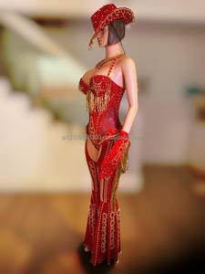 Red Nail Hollow Chain Full Diamond Sexy Sombrero de una pieza Conjunto completo para conciertos Discotecas Bares Actuaciones Disfraces - Product Image 3