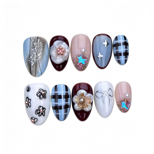 <span class=keywords><strong>Uñas</strong></span> Postizas Hechas a Mano Estilo American Sweetheart con Perlas <span class=keywords><strong>Blancas</strong></span> y Lazo, <span class=keywords><strong>Manicura</strong></span> para Dedos con Forma de Almendra - Product Image 1