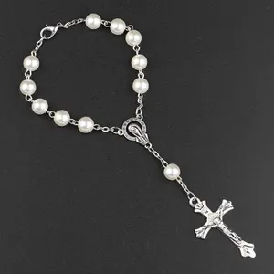 Браслет с католическими звеньями, белый браслет с имитацией жемчуга, крест Христа, Дева Иисуса
