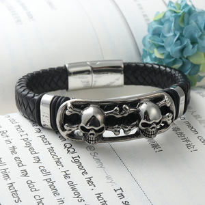 yunnique Titanium Steel Skull <b>Bracelet</b> Black <b>Leather</b> Band Fashion Jewelry Gift for Men - Product Image 4