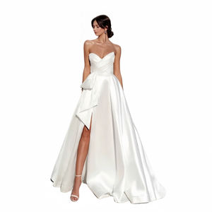 Abito da Sera Elegante e Sexy in Raso Bianco Puro, <span class=keywords><strong>Taglie</strong></span> <span class=keywords><strong>Forti</strong></span>, Spalle Scoperte, Vita Naturale, Lunghezza a Terra - Product Image 1