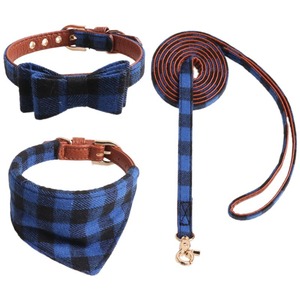 Custom Classic Plaid Dog <b>Collar</b> <b>Leash</b> Bandana Set Cute Bow Tie Cotton Leather Adjustable <b>Pet</b> <b>Collar</b> For Cat Dog - Product Image 3