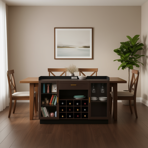 FCH Porte-bouteilles à vin 12 bouteilles Buffet Double porte en verre Tiroir simple Cadre noir Panneaux intérieurs gris-marron Panneaux de particules Verre - Product Image 2