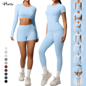 Женский спортивный комплект: однотонный топ-бра, майка с длинным рукавом, шорты с высокой талией, леггинсы для йоги, в комплекте с подушечками для груди. - Product Image 1