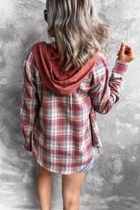 Chemise isolée d'automne pour <span class=keywords><strong>femme</strong></span> veste en flanelle surdimensionnée à <span class=keywords><strong>carreaux</strong></span> avec capuche - Product Image 5