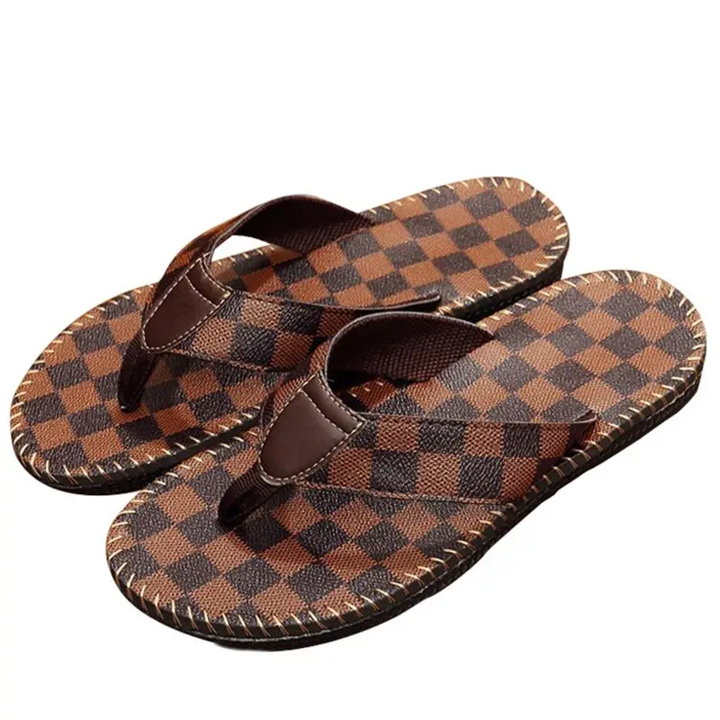 Outdoors Sewing Threads Design Black Pu Leather beach flip-flops Summer Men Slides Slippers flip flops for men