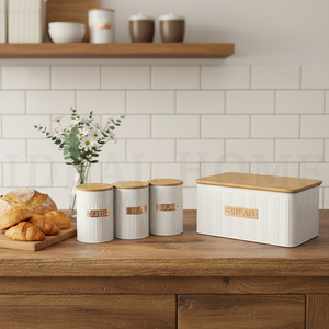 กล่องเก็บขนมปังแบบสุญญากาศสำหรับวางบนเคาน์เตอร์ครัว สีขาว ทำจากโลหะเหล็ก สำหรับ<span class=keywords><strong>เก</strong></span>็บขนมปัง บิสกิต ชา กาแฟ น้ำตาล ชุดกระป๋อง<span class=keywords><strong>เก</strong></span>็บของในครัว - Product Image 1