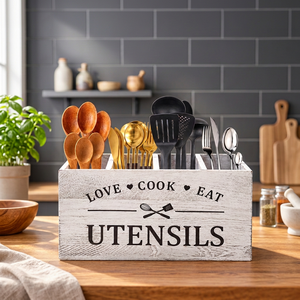 Wooden Kitchen <b>Utensil</b> Holder Countertop <b>Organizer</b> Rack With Drain Hole Farmhouse Style Spoon Fork Spatula Storage Box - Product Image 1