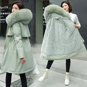2022 kış yeni kadın pamuklu giysiler uzun saç yaka ve kadife pamuklu ceket aşağı pamuklu ceket sıcak ceket