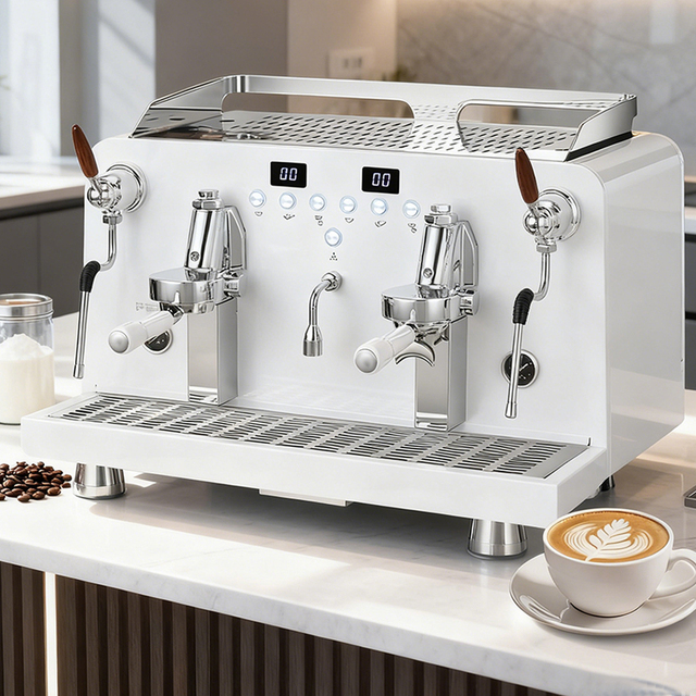Barista Semi Automatic 9 Bar Pressure Electric Commercial Grade Stainless Double Head Espresso Coffee Machine 12L Capacity Noise