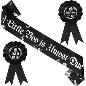 Decorazioni per Baby Shower di Halloween, Stile Gotico con Scheletro, Fascia 'A Little Boo Is Almost Due', Distintivo per Futura Mamma e Papà, Accessori per Feste di Halloween - Product Image 1